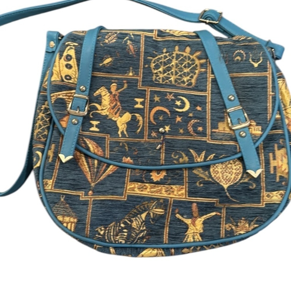 Motif Turkish Blue Tapestry & Vegan Leather Satchel Crossbody Bag - Picture 5 of 14